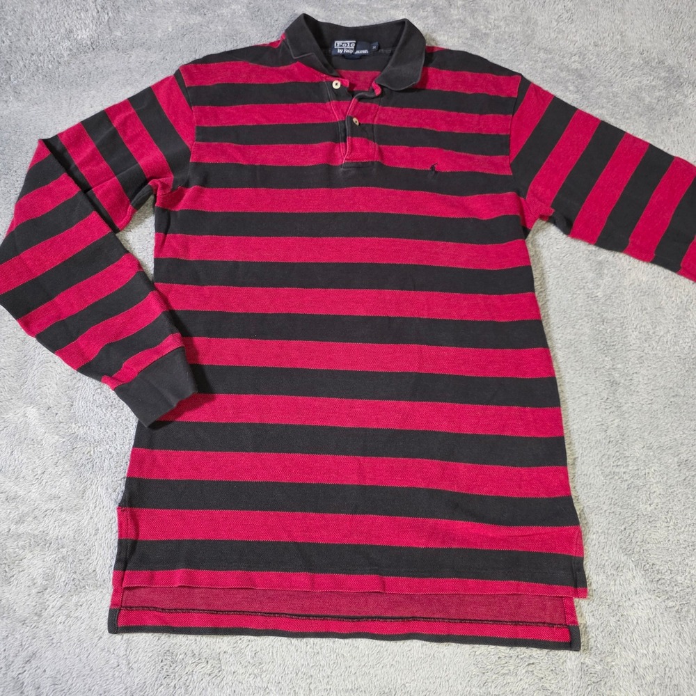 Polo Ralph Lauren Mens M Long Sleeve Polo Shirt Red Black Striped Pique Logo